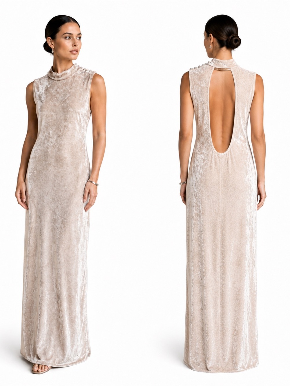 Vintage Jessica McClintock Champagne  Velvet Formal -Open Back Jeweled Size 6